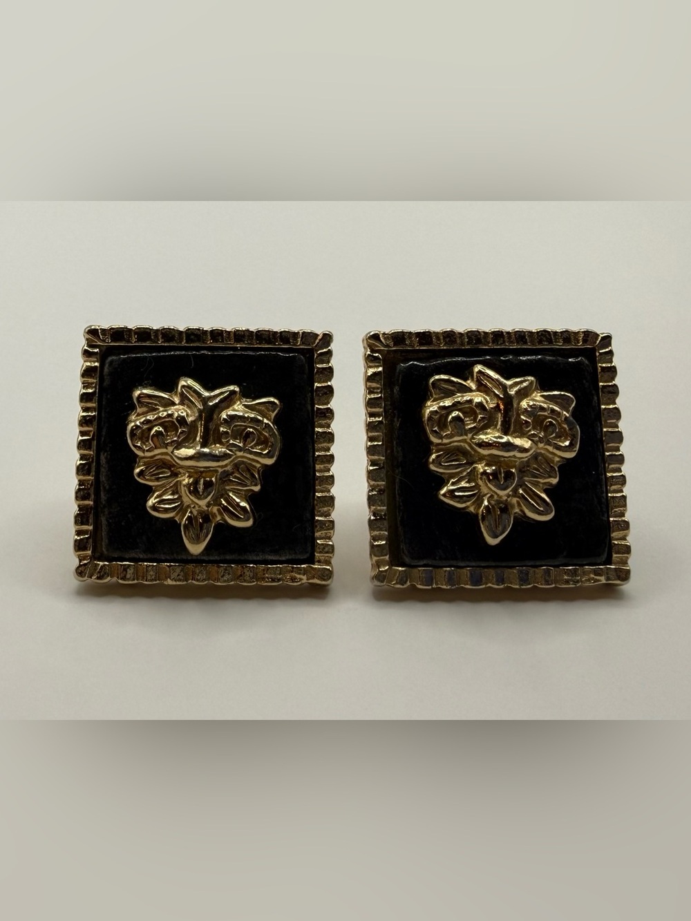 Ornate Gold & Black Square Clip-On Earrings